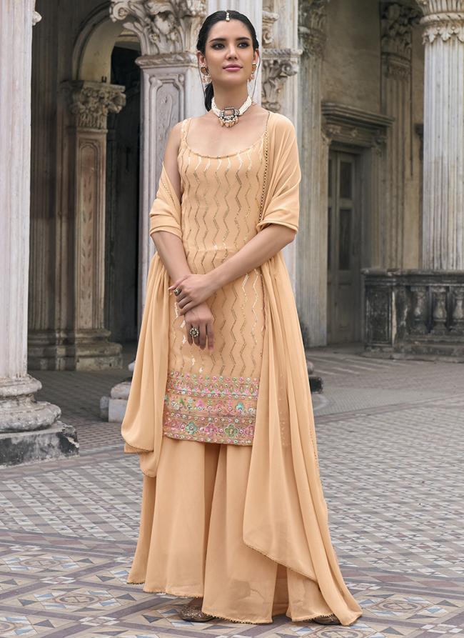 Faux Georgette Peach Party Wear Embroidery Work Sharara Suit